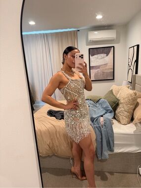 Albina Dyla Embellished Ivory Fringe Mini Dress